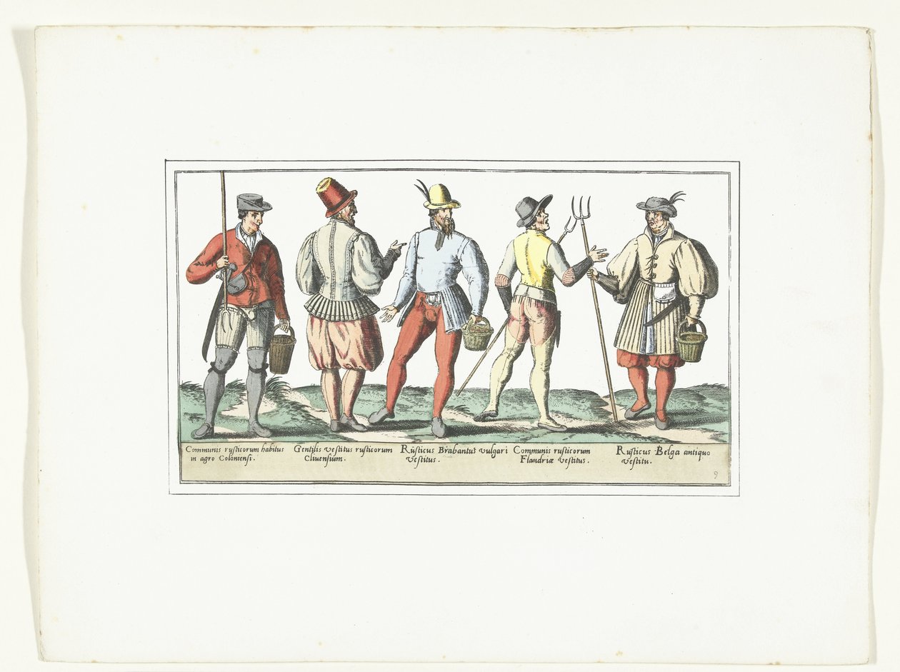 Czterech chłopów ubranych potocznie i jeden po staromodny, ok. 1580 Tryby Rustiques (tytuł na obiekcie) autorstwa Anonymous