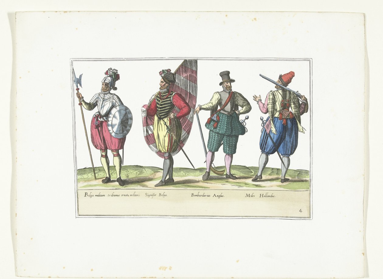 Czterech żołnierzy w mundurach według mody w Holandii i Anglii, ok. 1580 Costumes Militaires des Pays-Bas (tytuł na obiekcie) autorstwa Anonymous