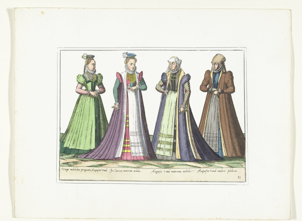Cztery kobiety ubrane w niemiecką modę w Augsburgu, ok. 1580 Kostiumy Allemands (tytuł na obiekcie) autorstwa Anonymous