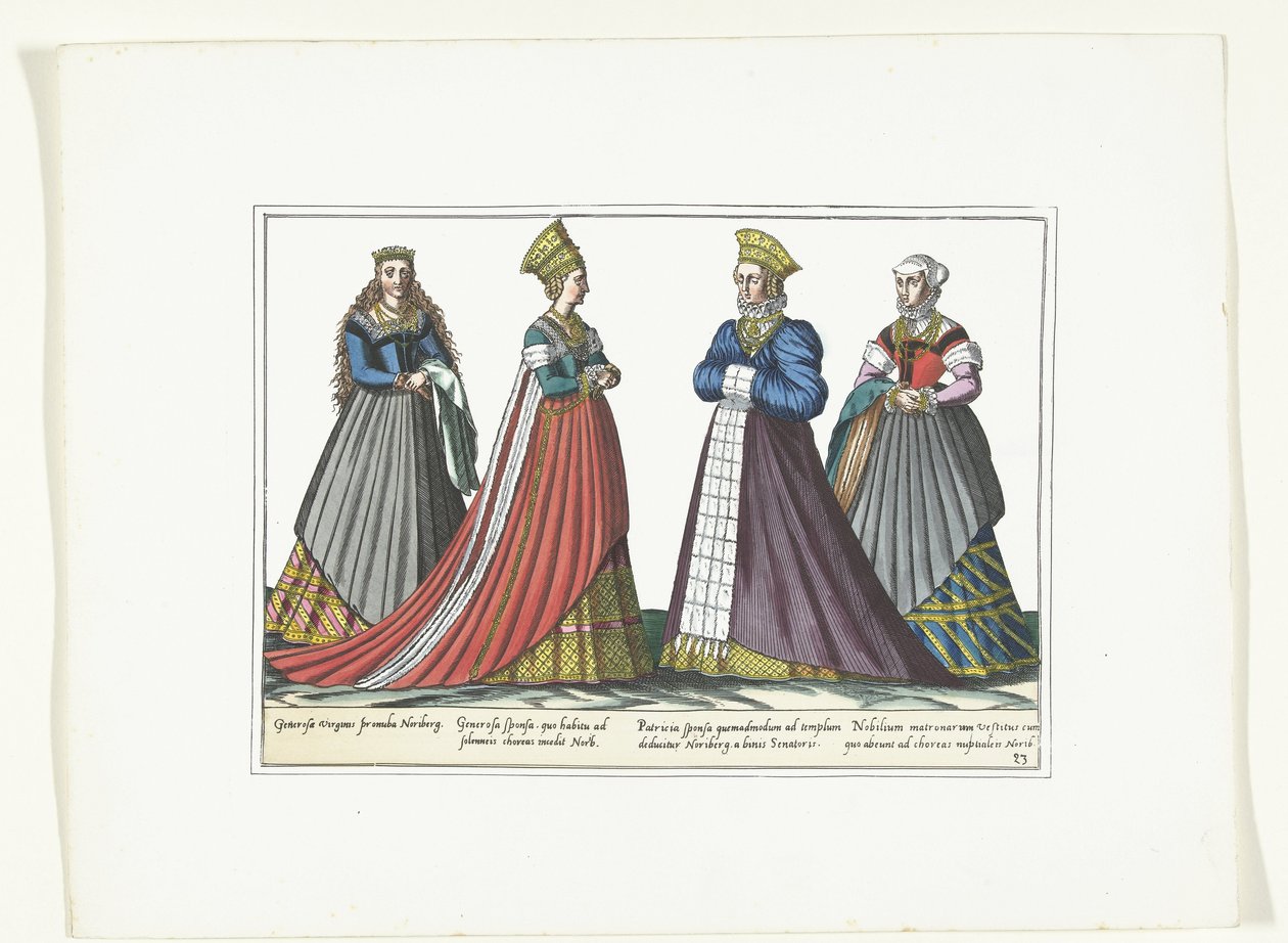 Cztery kobiety ubrane w niemiecką modę w Norymberdze, ok. 1580 Kostiumy Allemands (tytuł na obiekcie) autorstwa Anonymous