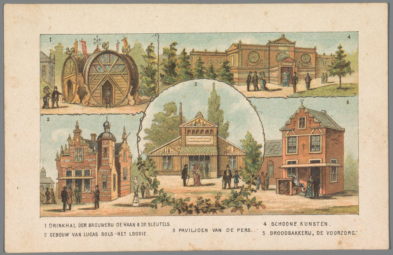 Pięć pawilonów na Wystawie Światowej w Amsterdamie, 1883 1 Pijalnia browaru De Haan & De Sleutels. 2 Budynek Lucasa Bolsa - Het Loosie. 3 Pawilon prasy. 4 sztuki piękne. 5 Piekarnia chlebowa De Voorzorg. (tytuł na obiekcie) Przypomnienie aa autorstwa Anonymous