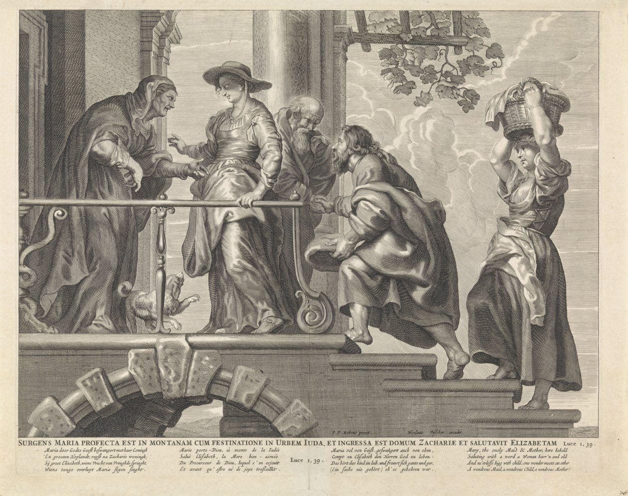 Wizytacja Maria wstała i poszła w pośpiechu na górę do miasta Judy, weszła do domu Zachariasza i pozdrowiła Elżbietę (tytuł na obiekcie) Royal Bijbel (tytuł serii) autorstwa Anonymous
