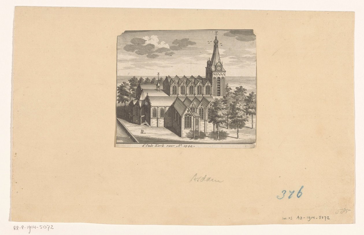 Widok z lotu ptaka na Oude Kerk w Amsterdamie, przed 1544 d
