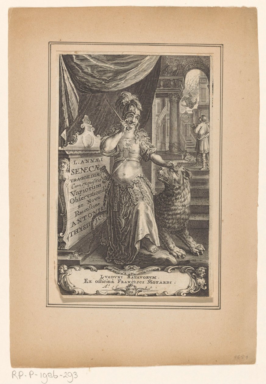 Vrouw spotkał leeuw Titelpagina voor: Lucius Annaeus Seneca en Antonius Thysius, L. Annaei Senecae tragoediae, 1651 autorstwa Anonymous