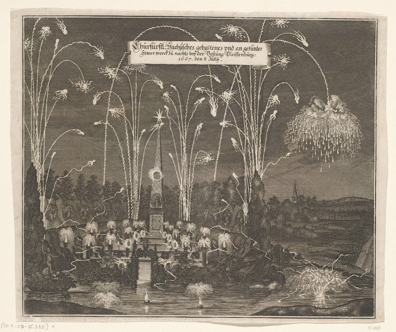 Fajerwerki w pobliżu Pleißenburga, 8 lipca 1667 Churfürstl: Sachsisches gehaltenes und an gezentes Fewer werck zu nachts beij forteca Pleissenburg, 1667, 8 lipca (tytuł na obiekcie) autorstwa Anonymous