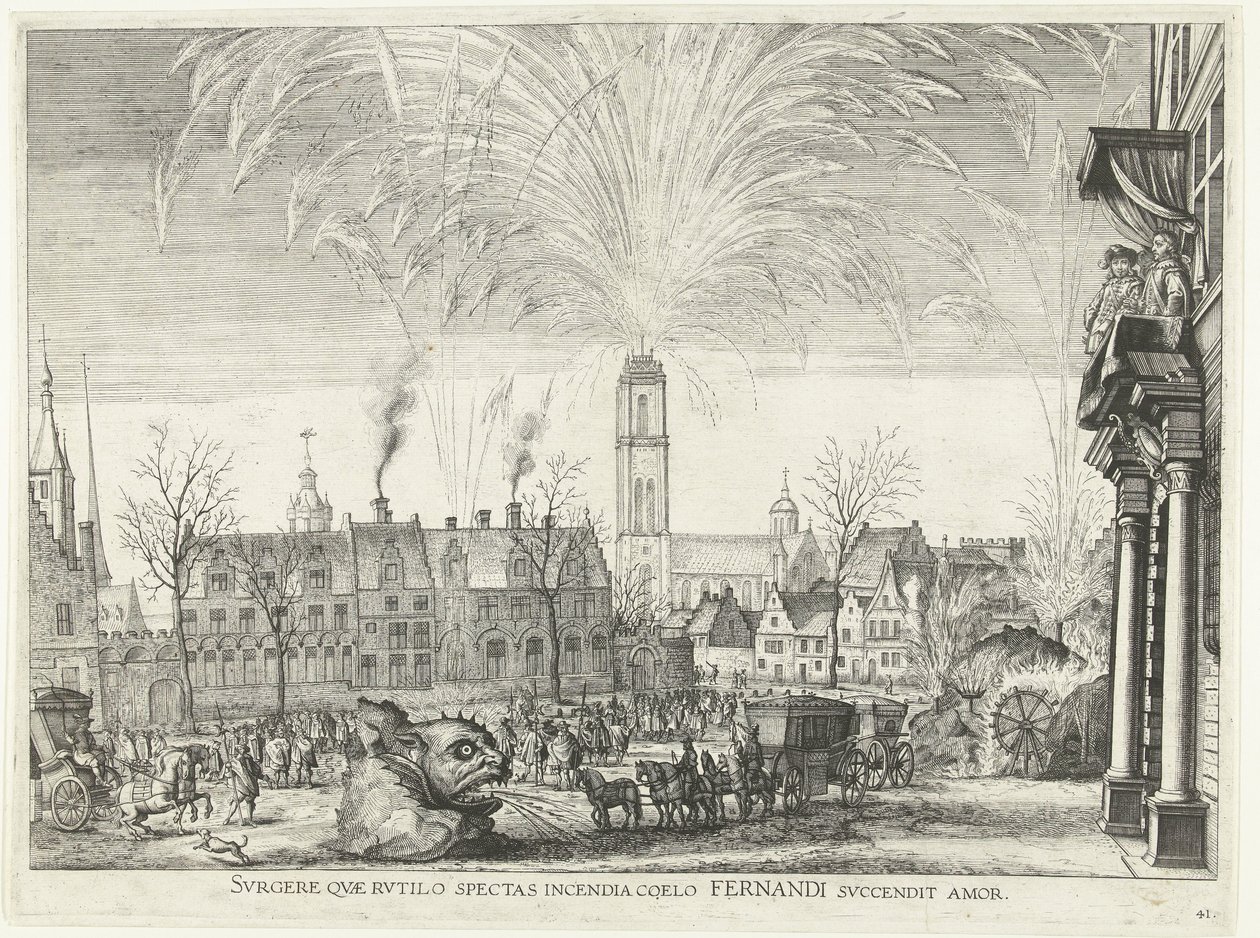 Vuurwerk; incht van Ferdinand te Gent w 1635 (nr 41) Powstań, który patrzysz na płonący ogień na niebie rozpala się miłość Fernandi (tytuł na obiekcie) Zdjęcie nocnych pożarów na hipodromie i wieży autorstwa Anonymous