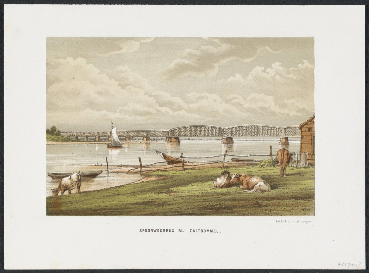 Most Waal w pobliżu Zaltbommel, 1869 Most kolejowy w Zaltbommel (tytuł na obiekcie) Główne mosty kolejowe w Holandii (tytuł serii) autorstwa Anonymous