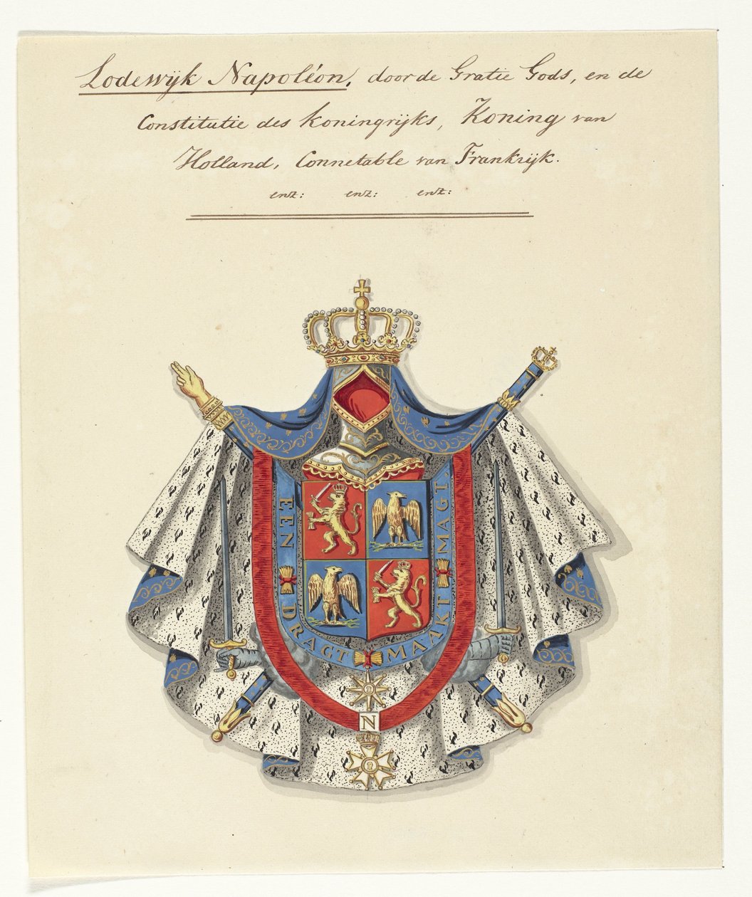 Herb Ludwika Napoleona Bonaparte, króla Holandii Ludwik Napoleon, z łaski Bożej i Konstytucji Królestwa, Król Holandii, Connectable Francji (tytuł na obiekcie) autorstwa Anonymous