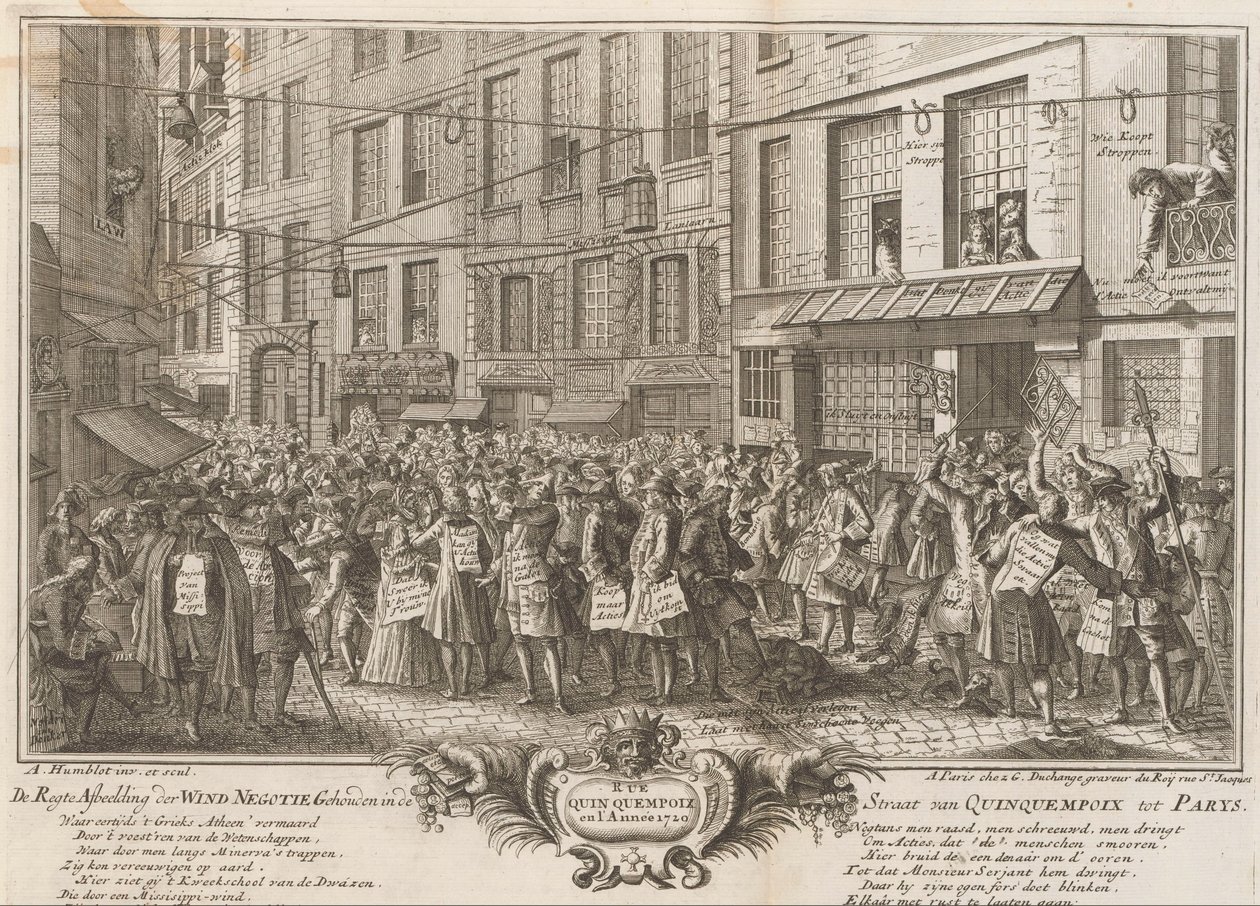 Handel wiatrem na Rue Quinquempoix, 1720 De Regte Zdjęcie Negoty Wiatru Przechowywanej w Cieśninie Quinquempoix do Parys (tytuł na obiekcie) Wielka scena szaleństwa (tytuł serii) autorstwa Anonymous