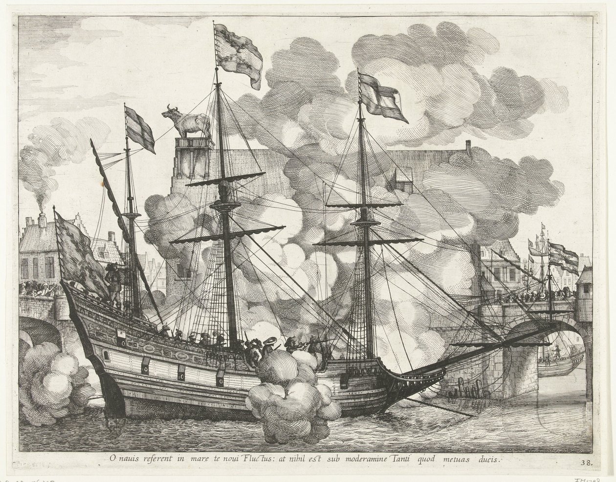Zeilschip, naar rechts; incht van Ferdinand te Gent w 1635 (nr 38) O statku, nowe Fale zaniosą cię do morza: ale nie ma nic pod kontrolą Tego, którego boisz się prowadzić (tytuł na obiekcie) Triumfalny statek innych żeglarzy autorstwa Anonymous