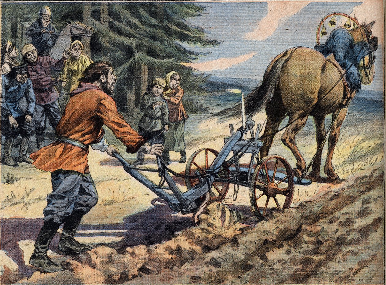 Rosyjski chłop orający pole pługiem, na którym kładzie się świecę. Grawer Conte de Easter z gazety „Le Petro Parisien””, 19.04.1908. Prywatna kolekcja. autorstwa Anonymous Anonymous