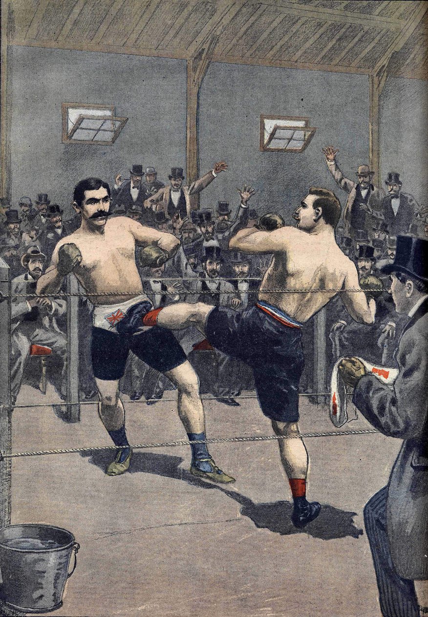 Atak bokserski: zwycięstwo mistrza Francji Josepha Charlemonta (1839-1918) nad Jerrym Driscollem techniką „savate”” w Le Petit Journal 1899 autorstwa Anonymous Anonymous