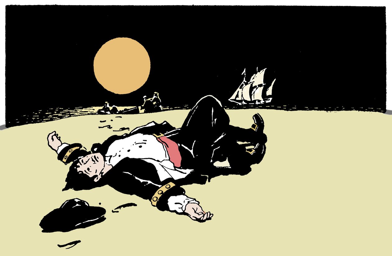 Kapitan zabity przez piratów zostaje porzucony na wyspie, piracki statek odpływa na horyzoncie Ilustracja z „The Boys Books of Pirates” 1913 autorstwa Anonymous Anonymous