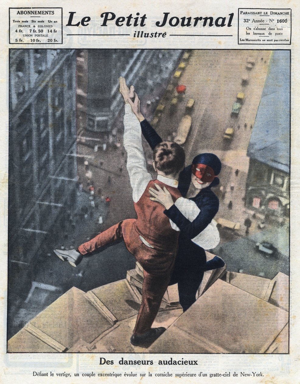 Para ekstremalnych tancerzy ewoluuje na krawędzi nowojorskiego drapacza chmur. Ilustracja zaczerpnięta z „Le petit journal illustré” z 21.08.1921 r. Prywatna kolekcja autorstwa Anonymous Anonymous