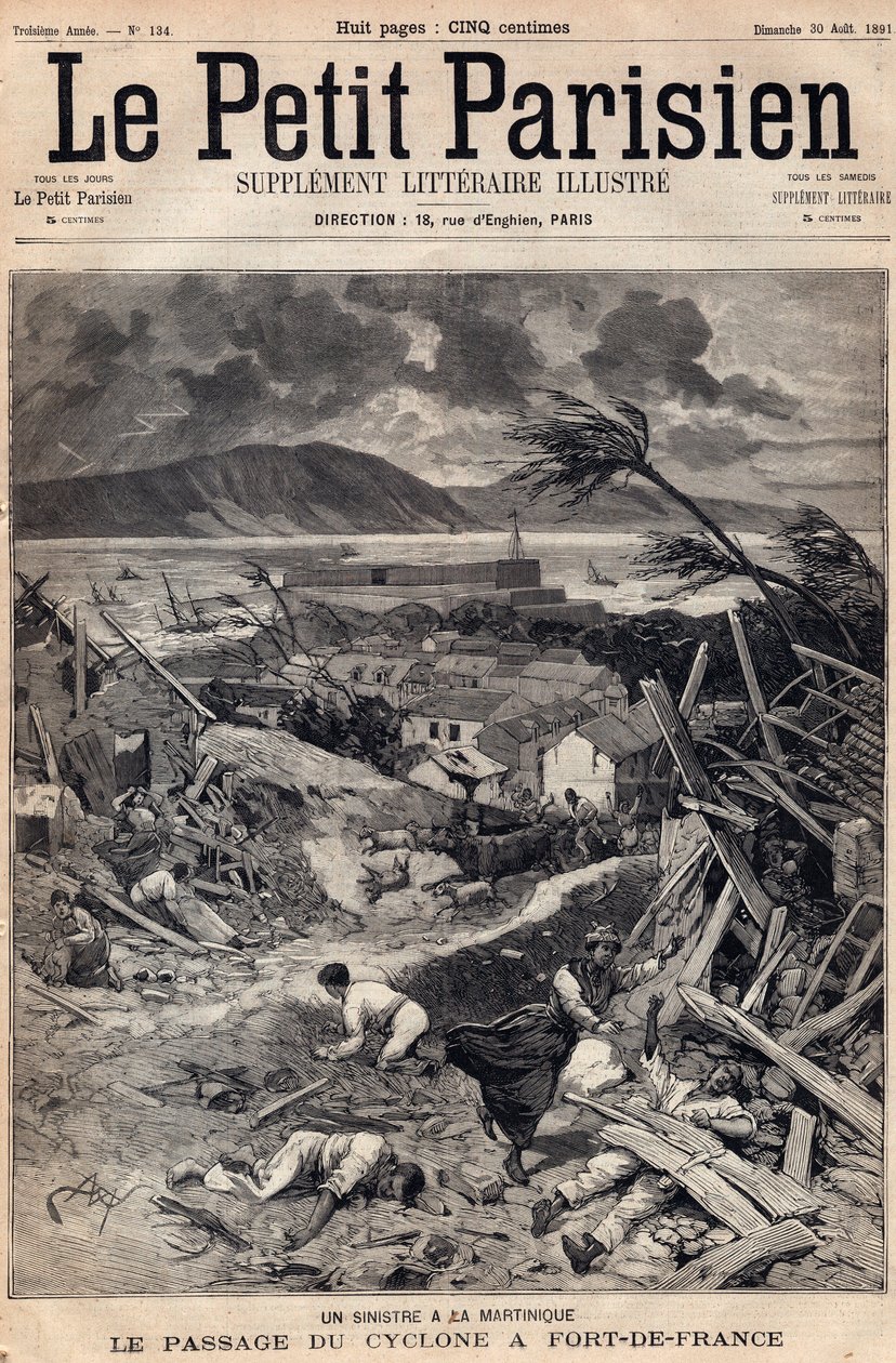 Katastrofa na Martynice: przejście cyklonu w Fort-de-France (Fort de France) w 1891 r. Rycina w „Le petit Parisien” z sierpnia 1891 r. Zbiory prywatne. autorstwa Anonymous Anonymous