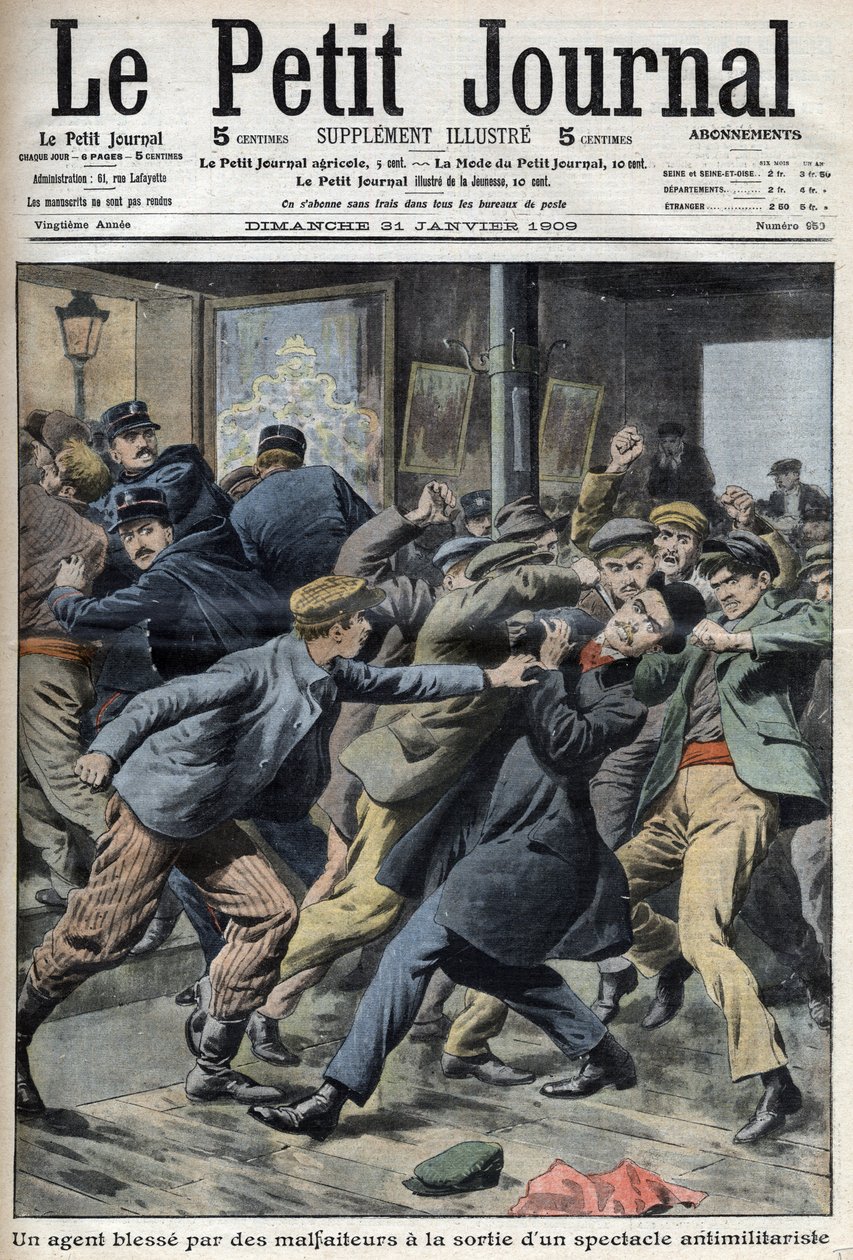 Policjant ranny podczas antymilitarnego pokazu w Aubervilliers, pierwsza strona gazety Petiter Journal 31 stycznia autorstwa Anonymous Anonymous