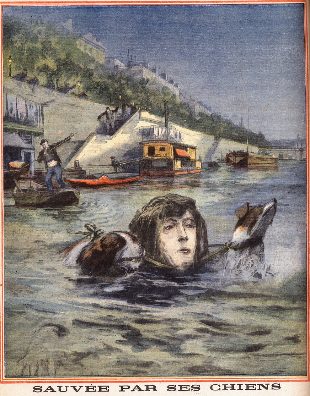 Kobieta wpadająca do Sekwany zostaje uratowana przez swoje psy w Paryżu. Grawer w „Le petit parisien”” 14.08.1910. Prywatna kolekcja. autorstwa Anonymous Anonymous