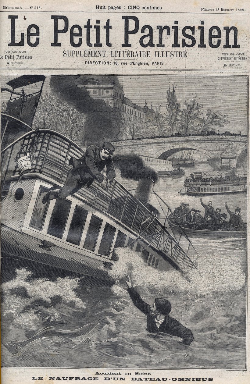 Wypadek na Sekwanie w Paryżu - Zatonięcie łodzi Omnibus: załoga łodzi wskakuje do Sekwany, aby uciec. Le Petit Parisien, dnia 18.12.1898. autorstwa Anonymous Anonymous
