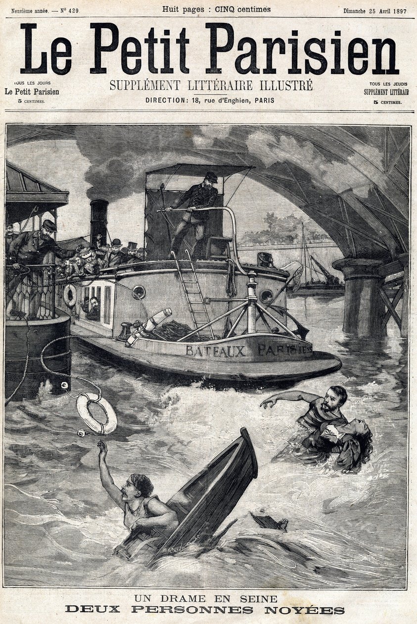 Wypadek na Sekwanie: dwie osoby w zatopionej łodzi. W „Le Petit Parisien”” w dniu 25.04.1897. autorstwa Anonymous Anonymous