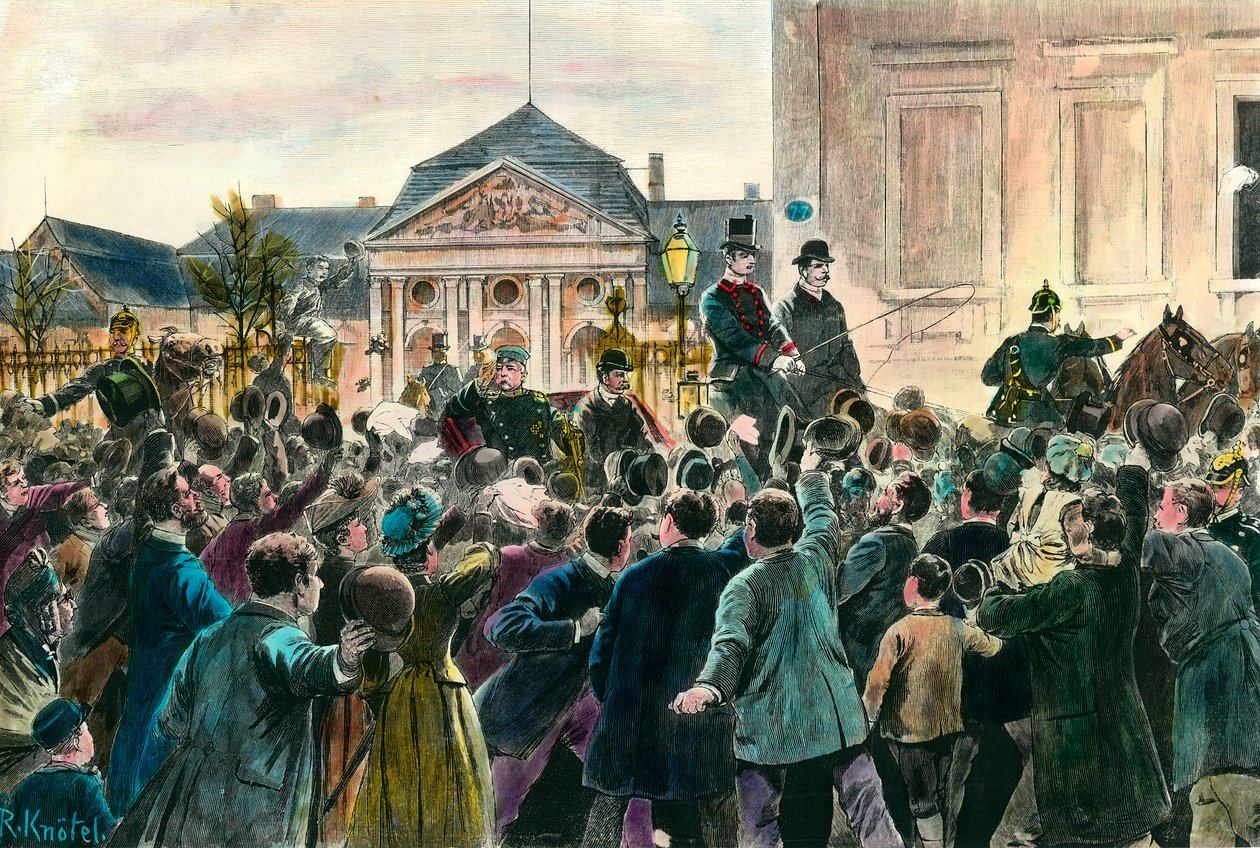 Aklamacja tłumu na wyjazd Otto von Bismarcka (1815-1898) opuszczającego urząd i Berlin w dniu 29 marca 1890 r. Rycina z końca XIX wieku. Prywatna kolekcja autorstwa Anonymous Anonymous