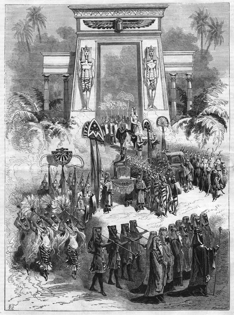Akt II utworu, Aida. Wielka opera w czterech aktach i siedmiu obrazach Giuseppe Verdiego (1813-1901) wystawiana jest we włoskim teatrze w Paryżu. Grawer w „”L