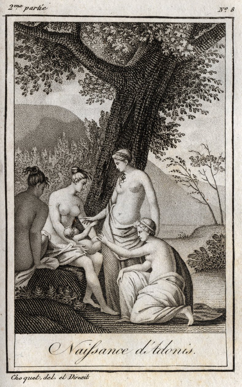 Narodziny Adonisa. Rycina z 1819 r. w „Lettres a Emilie sur la mitologie” Charlesa Alberta Demoustiera (1760-1801). Prywatna kolekcja. autorstwa Anonymous Anonymous