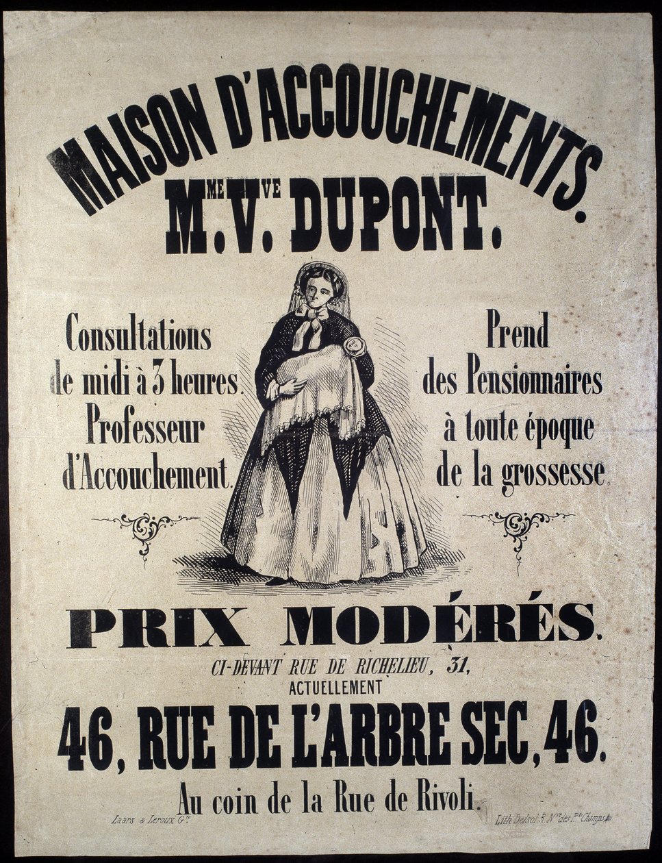 Reklama domu urodzenia (położniczego) w Paryżu w 1850 r. Madame Dupont, niskie ceny przy 46 rue de l