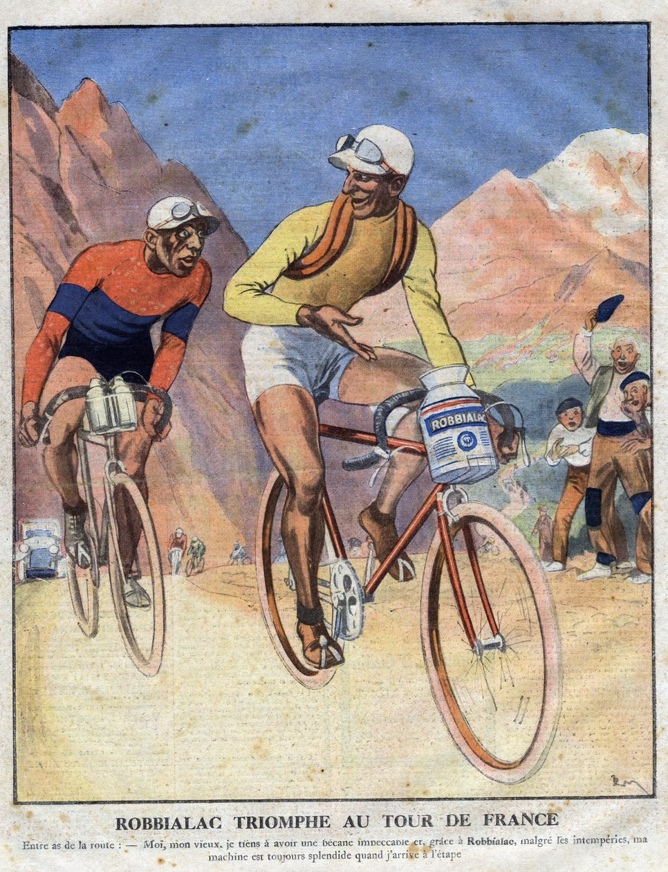 Reklama obrazu Robbialac: „”Triumf Robbialaca na Tour de France””. Rowerzysta sprzedaje zasługi farby Robbialac do swojego roweru. Rytownictwo. Jeden z „Małych ilustratorów” autorstwa Anonymous Anonymous