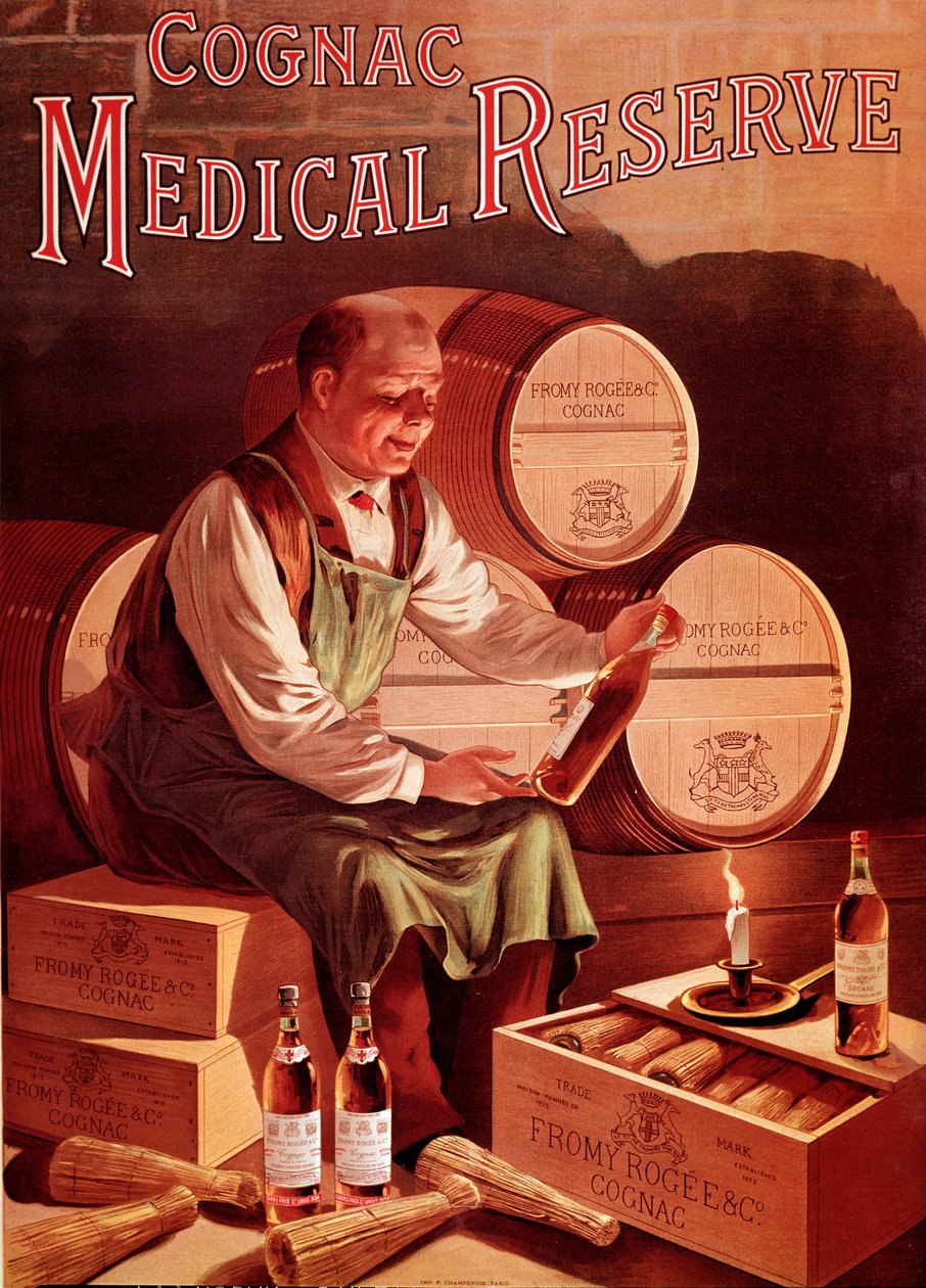 Plakat reklamowy koniaku Fromy, Rogee i Cie: rezerwa medyczna. Mężczyzna w swojej winiarni z przyjemnością spogląda na butelkę koniaku. Anonimowa ilustracja. Debiut XX-wiecznej kolekcji prywatnej autorstwa Anonymous Anonymous