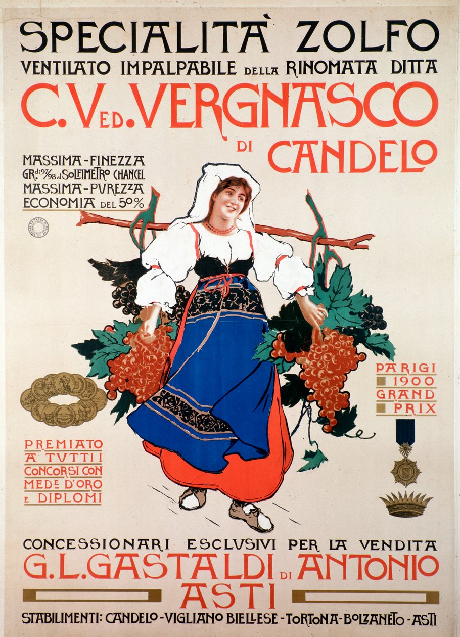 Plakat reklamowy fungicydowej przesiewanej siarki wyprodukowany przez włoską firmę Vergnasco Candelo, XX wiek autorstwa Anonymous Anonymous