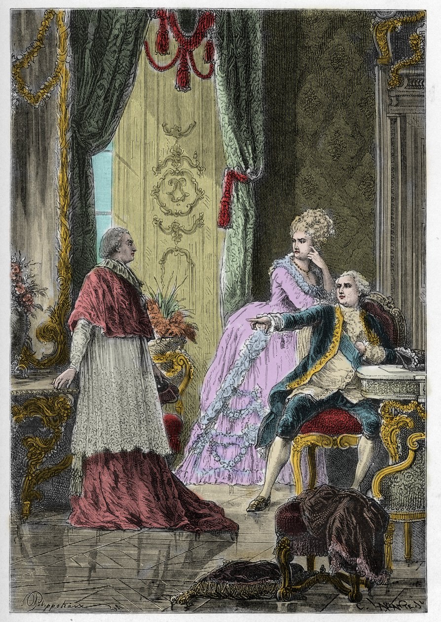 Sprawa naszyjnika królowej (1785-1786): kardynał Louis Rene Edouard de Rohan (1734-1803) przed królem Ludwikiem XVI (1754-1793) i królową Marią Antoniną (1755-1793) autorstwa Anonymous Anonymous