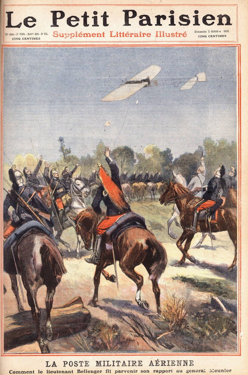 Lotnicza poczta wojskowa: jak porucznik Georges Bellenger (1878-1977) przesłał swój raport generałowi Meunierowi, Pierwsza strona gazety „Le petit parisien” 2.10.1910 (rycina) autorstwa Anonymous Anonymous
