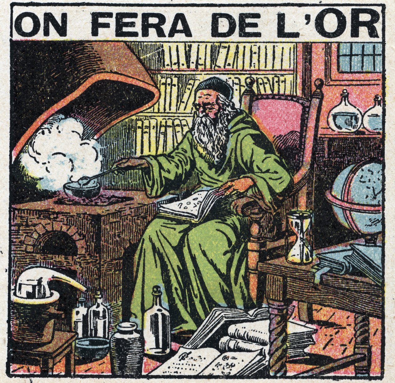 Średniowieczny alchemik w swoim laboratorium, poszukujący złota. Anonimowa ilustracja z 1925 r. Ze zbiorów prywatnych. autorstwa Anonymous Anonymous