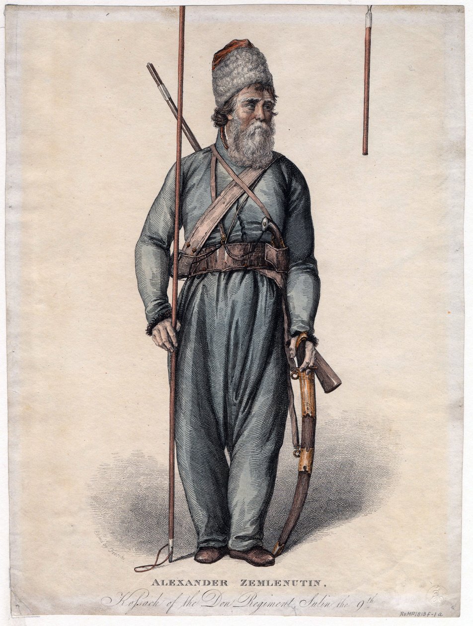 Alexander Zemlyanukhin, kozacki pułku Don - Anonim - ok. 1813 - Akwaforta, akwarela - 34,3x25,3 - Kolekcja prywatna autorstwa Anonymous Anonymous