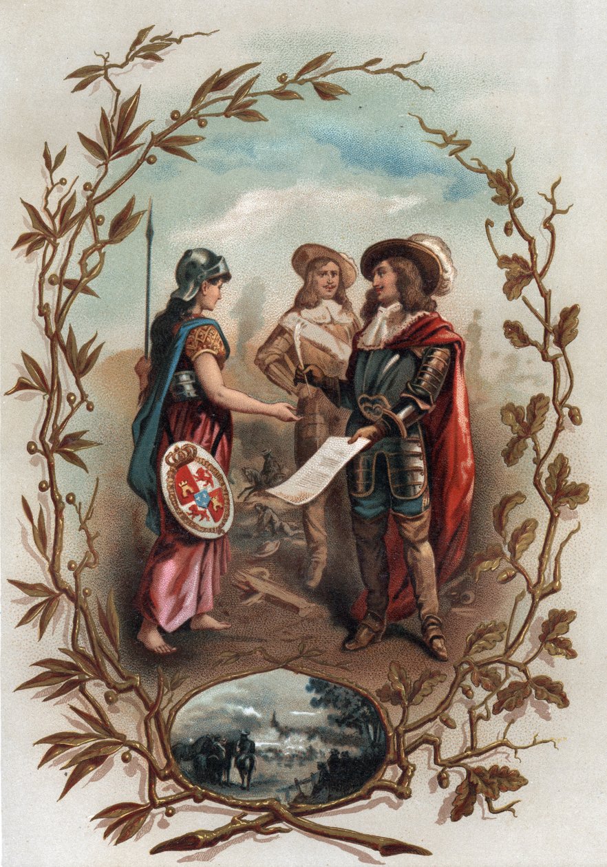 Alegoria odnosząca się do traktatu z Akwizgranu. Podpisany 2 maja 1668 r. między Francją a Hiszpanią zakończył wojnę dewolucyjną i oddał Flandrię Francji. Chromolitografia w „”Turenne; sa vie, lesstitution militaires de son temps” (1884) Julesa Roya. P autorstwa Anonymous Anonymous