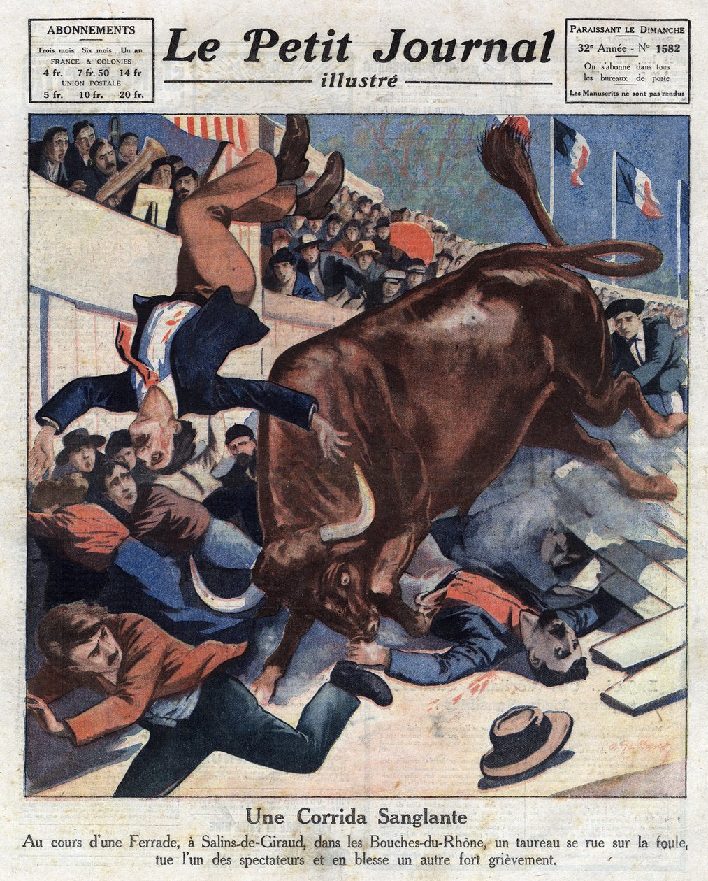 Wypadek podczas walki byków w Salins-de-Giraud (Salins de Giraud) (Bouches du Rhone), byk wpada do tłumu raniąc jednego z widzów. Ilustracja z „”Le petit journal”” z 17.04.1921, kolekcja prywatna autorstwa Anonymous Anonymous
