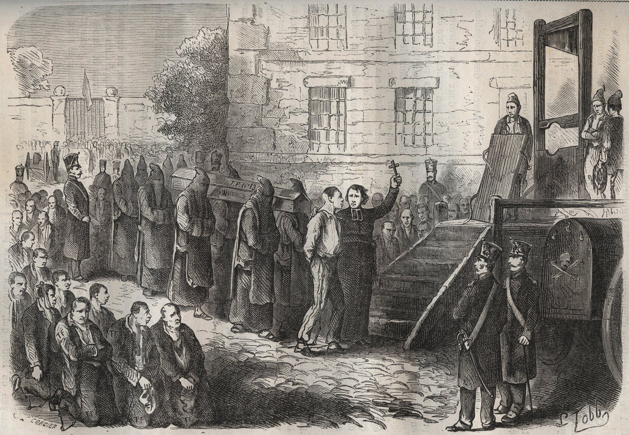 Egzekucja w Toulon Bagne w XIX wieku. Grawer „Historia skazanych od ich powstania do dnia dzisiejszego” (1877) autorstwa Pierre