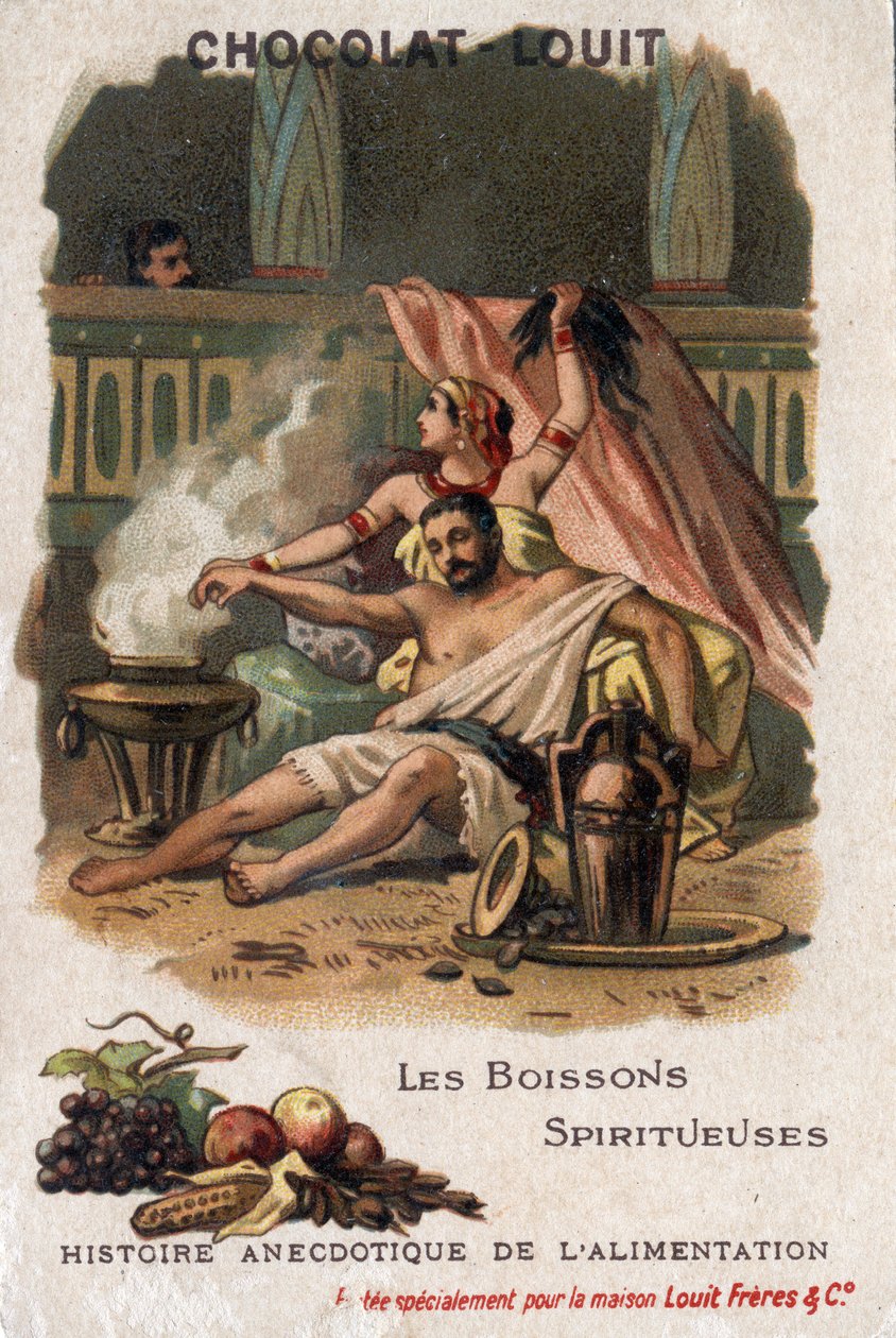 Anegdotyczna historia żywności: napoje spirytusowe (napoje fermentowane). Samson pod wpływem likierów Dalili pozwala sobie na ścięcie włosów i traci siły. Chromolitografia Chocolate-Louit, koniec XIX wieku. Prywatna kolekcja. autorstwa Anonymous Anonymous