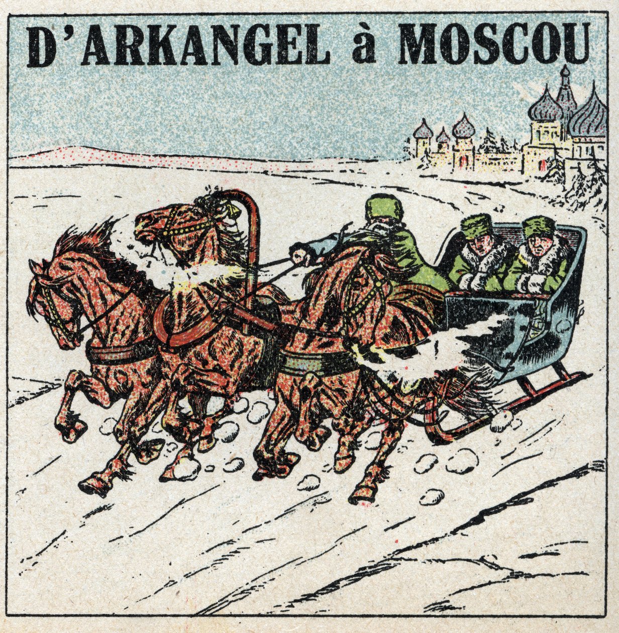 Ciągnięcie zwierząt: od Arkangel do Moskwy. Trójka w Rosji. Anonimowa ilustracja z 1925 r. Ze zbiorów prywatnych. autorstwa Anonymous Anonymous