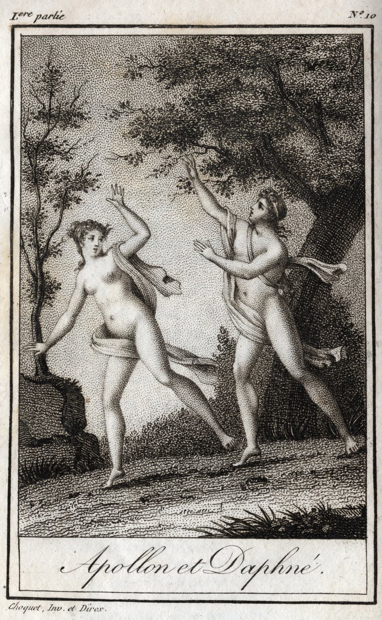 Apollo i Daphne. Nimfa Daphne zamienia się w wawrzyn, aby uciec Apollo. Rycina z 1819 r. w „Lettres a Emilie sur la mitologie” Charlesa Alberta Demoustiera (1760-1801). Prywatna kolekcja. autorstwa Anonymous Anonymous