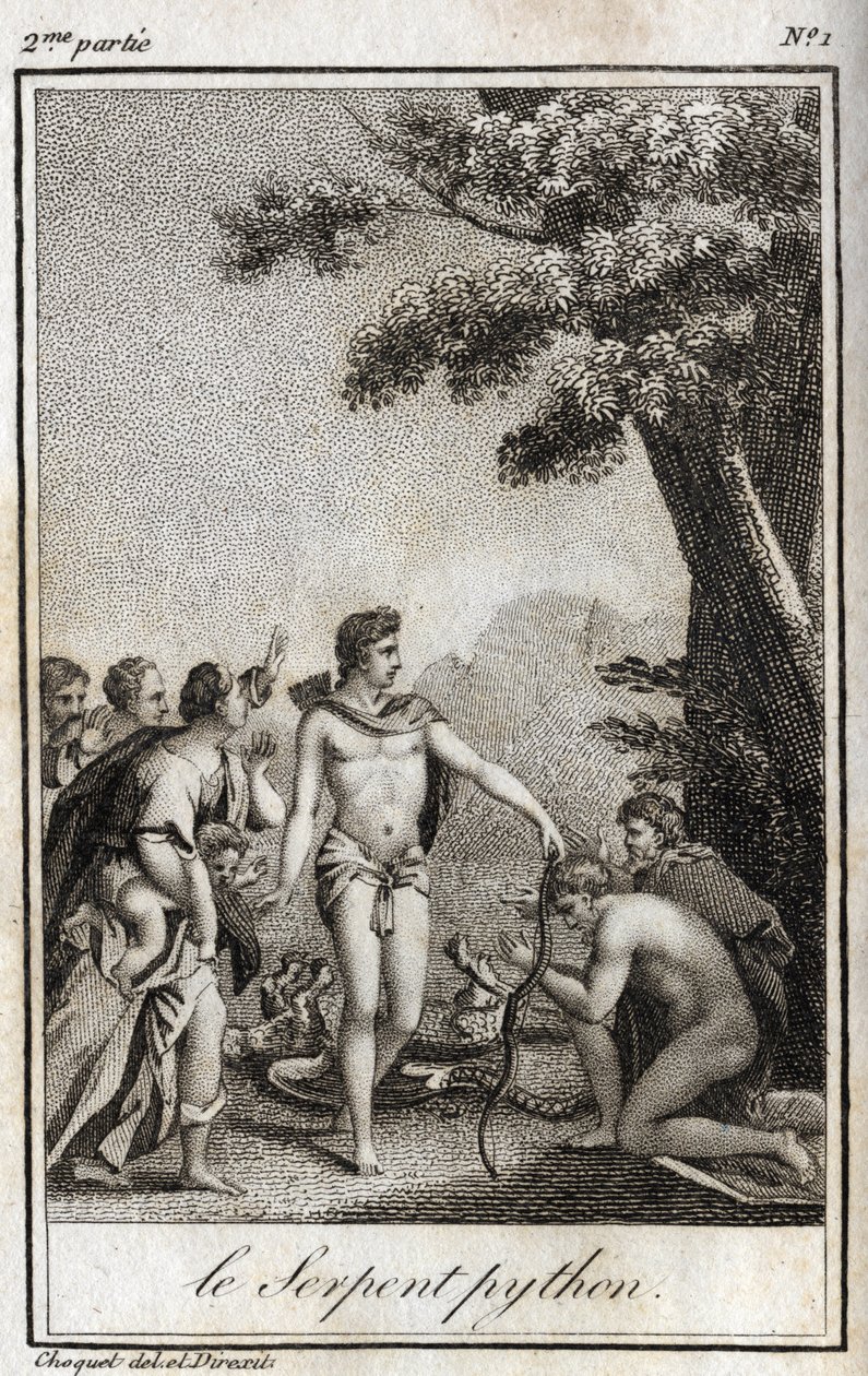 Apollo i wąż Python na górze Parnas. Rycina z 1819 r. w „Lettres a Emilie sur la mitologie” Charlesa Alberta Demoustiera (1760-1801). Prywatna kolekcja. autorstwa Anonymous Anonymous