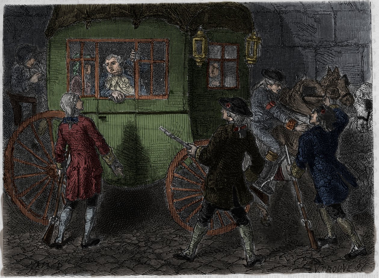 Aresztowanie Ludwika XVI (1754-1793) i jego uciekającej rodziny w Varennes 21 czerwca 1791 r. Rycina z 1866 r. w „Histoire de la Revolution francaise” Adolphe Thiersa. . autorstwa Anonymous Anonymous