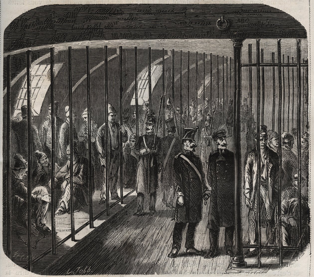 Przybycie wojsk na pokład podczas konwoju z Tulonu do Kajeny (Gujana) na mocy dekretu z dnia 8 grudnia 1851 r. Grawer „Historia więzień od ich powstania do dnia dzisiejszego” (1877) autorstwa Pierre Zaccone (1817- 1895) (Colonia Penale - kara karna) autorstwa Anonymous Anonymous