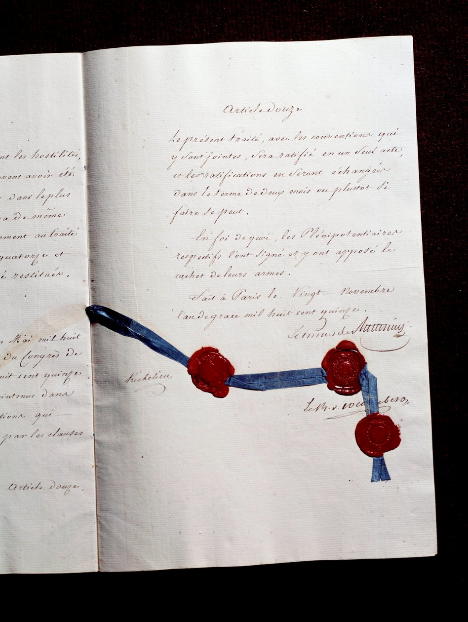 Artykuł 12 traktatu między Francją a koalicjami z 1815 roku. Drugi traktat paryski podpisany przez Armanda Emmanuela de Vignerot du Plessis, księcia Richelieu (1766-1822): traktat przewiduje współpracę między Austrią, Wielką Brytanią, Prusami i Rosją autorstwa Anonymous Anonymous