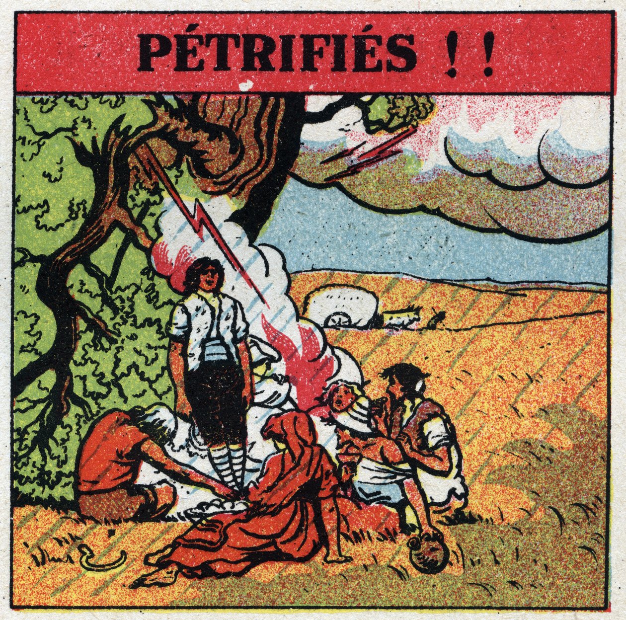 Elektryczność atmosferyczna: ludzie porażeni przez piorun pozostają skamieniali. Anonimowa ilustracja z 1925 r. Ze zbiorów prywatnych. autorstwa Anonymous Anonymous