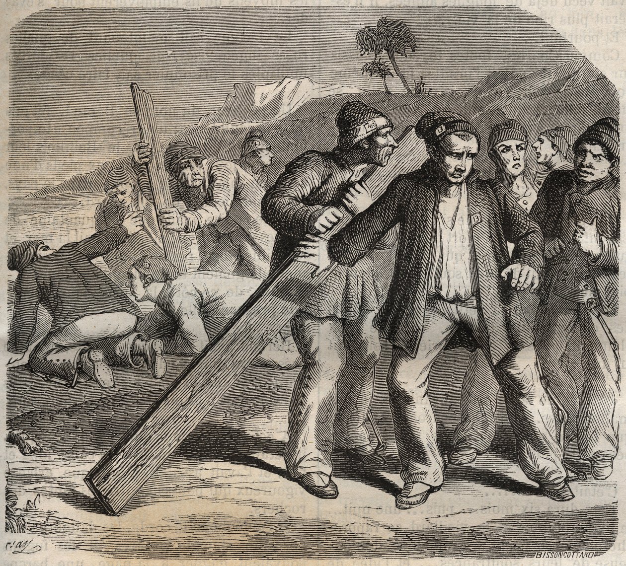 Próba ucieczki w forcie Belle-Ile-en-Mer (piękna wyspa na morzu) w XIX wieku. Grawer „Historia skazanych od ich powstania do dnia dzisiejszego” (1877) autorstwa Pierre