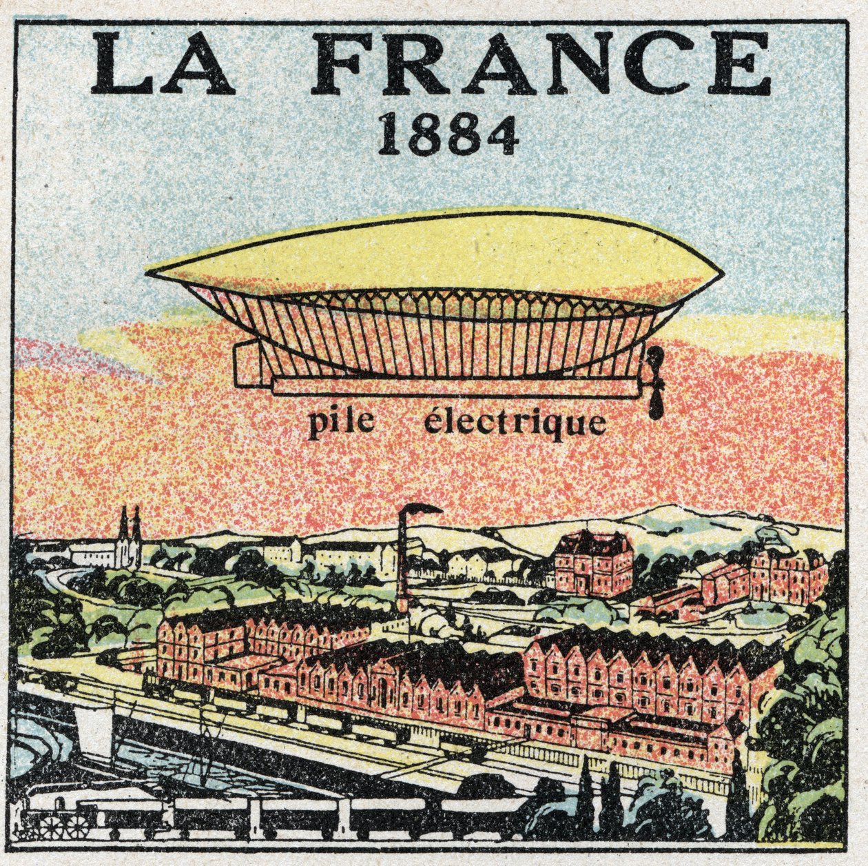 Balony: sterowiec „La France” w 1884 roku wykorzystujący baterię elektryczną wynalezioną przez Francuzów Renarda i Krebsa. Anonimowa ilustracja z 1925 r. Ze zbiorów prywatnych. autorstwa Anonymous Anonymous