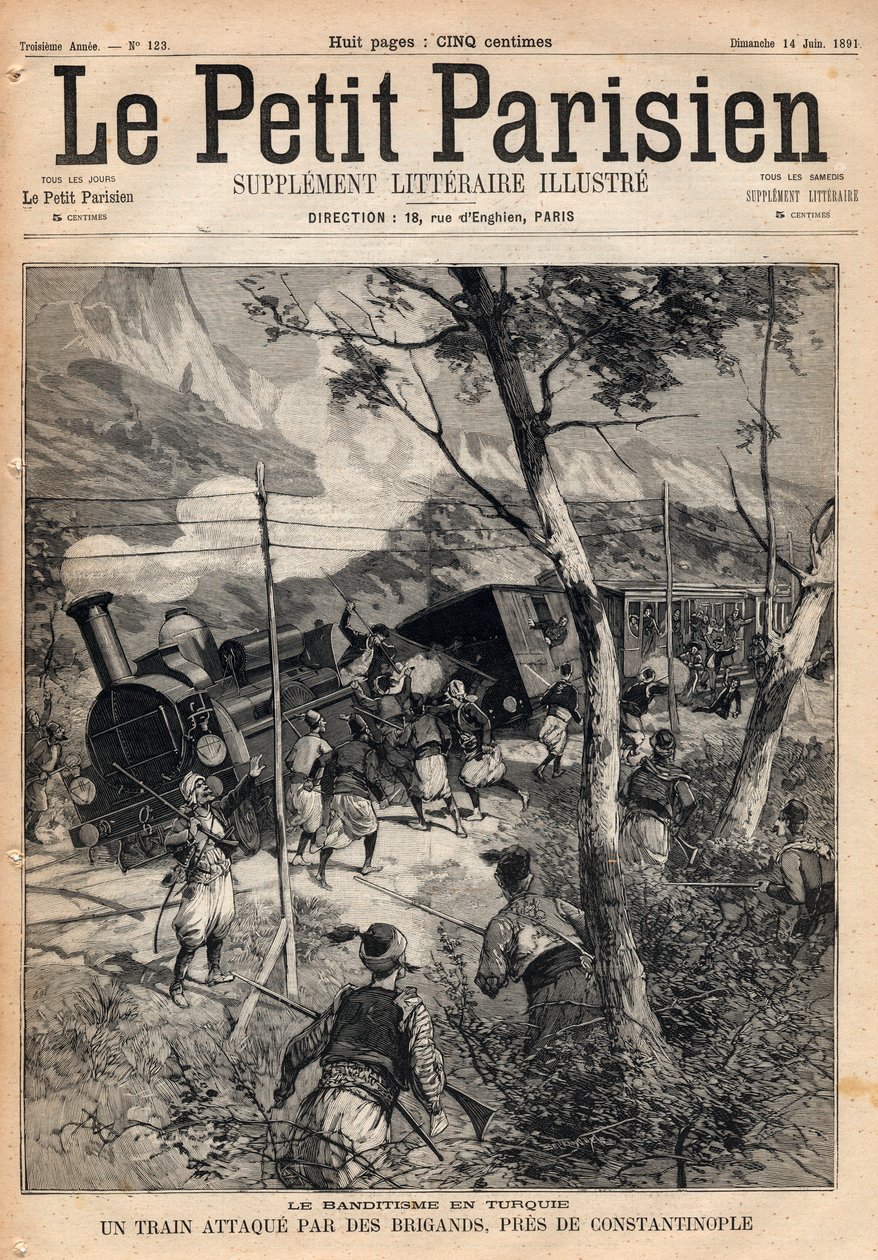 Bandytyzm w Turcji, pociąg zaatakowany przez rabusiów w pobliżu Konstantynopola. Grawer w „Le petit Parisien”” z 1891 r. Ze zbiorów prywatnych. autorstwa Anonymous Anonymous