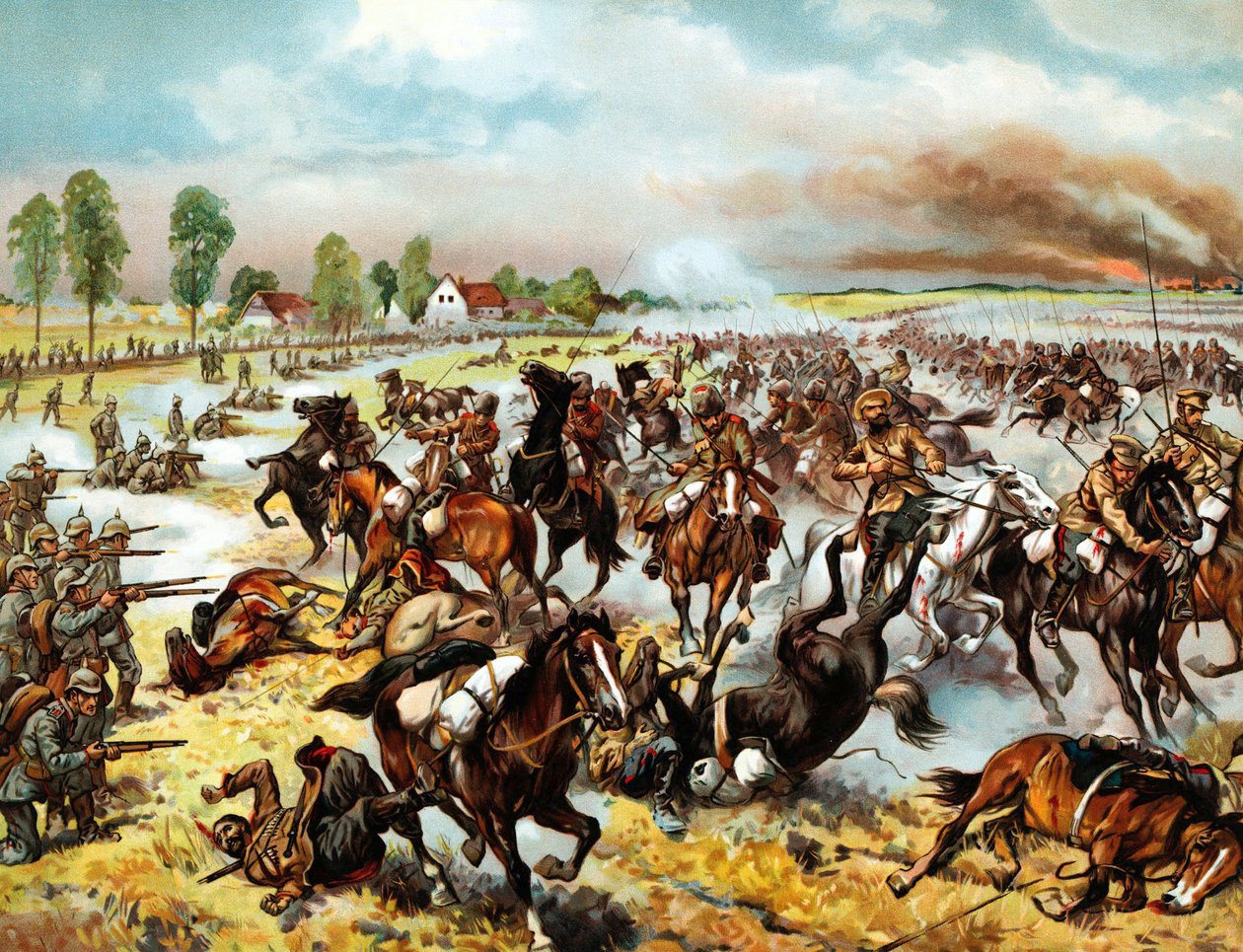 Bitwa pod Tannenbergiem (obecnie Stębark, Polska) (1914) - między niemiecką 8 armią a rosyjską 1 i 2 armią - Bitwa pod Tannenbergiem, sierpień 1914 - Anonim - 1914 - Kolorowa litografia - 32,6x41,8 - Kolekcja prywatna autorstwa Anonymous Anonymous