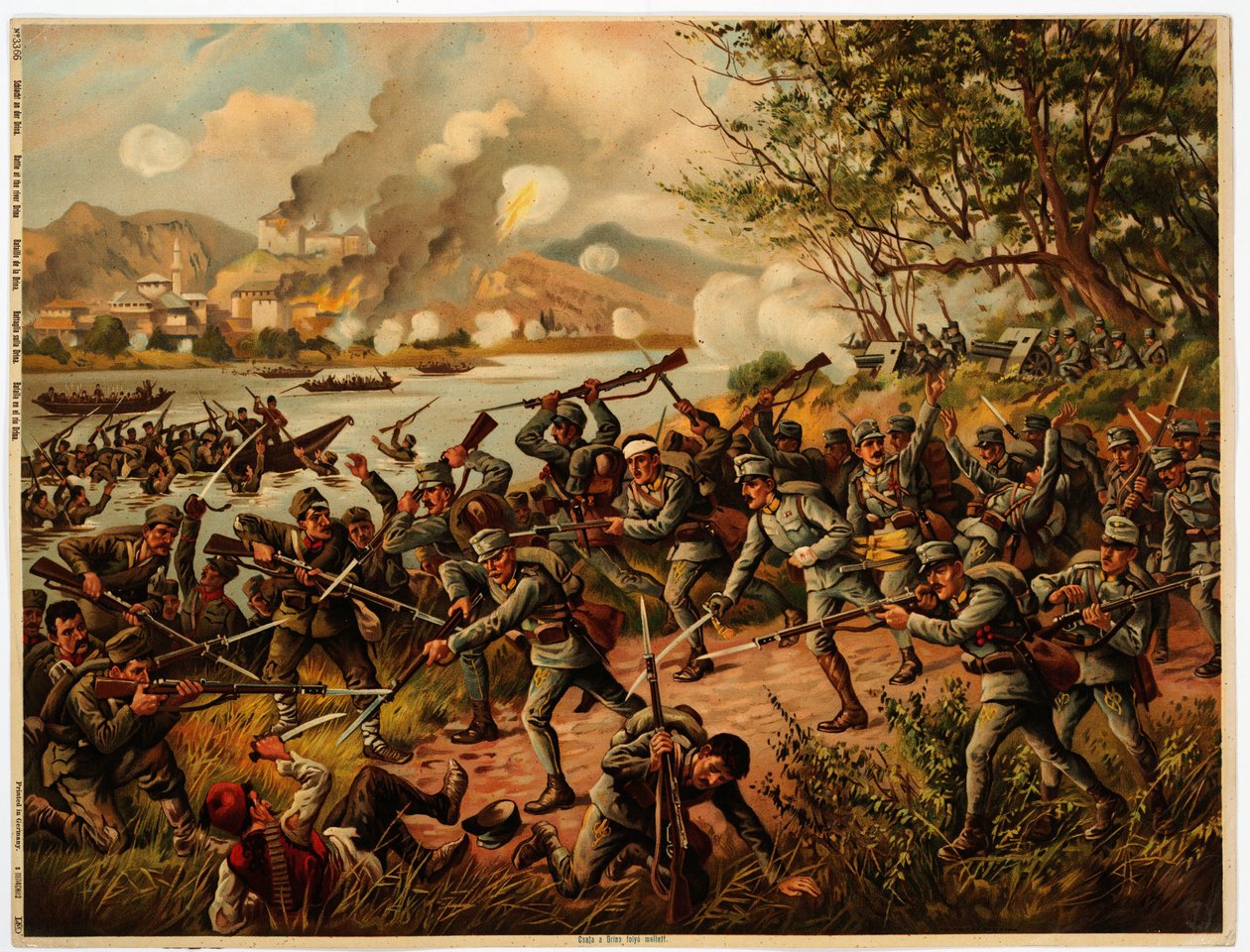 Bataille de la Drina (Bośnia, Serbia) 1914 - Bitwa pod Driną - Anonim - 1914 - Kolorowa litografia - 39x52,2 - Prywatna kolekcja autorstwa Anonymous Anonymous